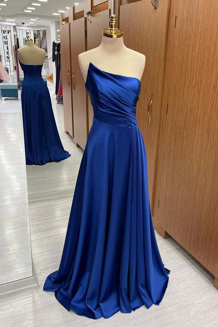 Vestidos formales/Vestido de fiesta largo plisado sin tirantes de satén azul real/Tiendas de vestidos de fiesta